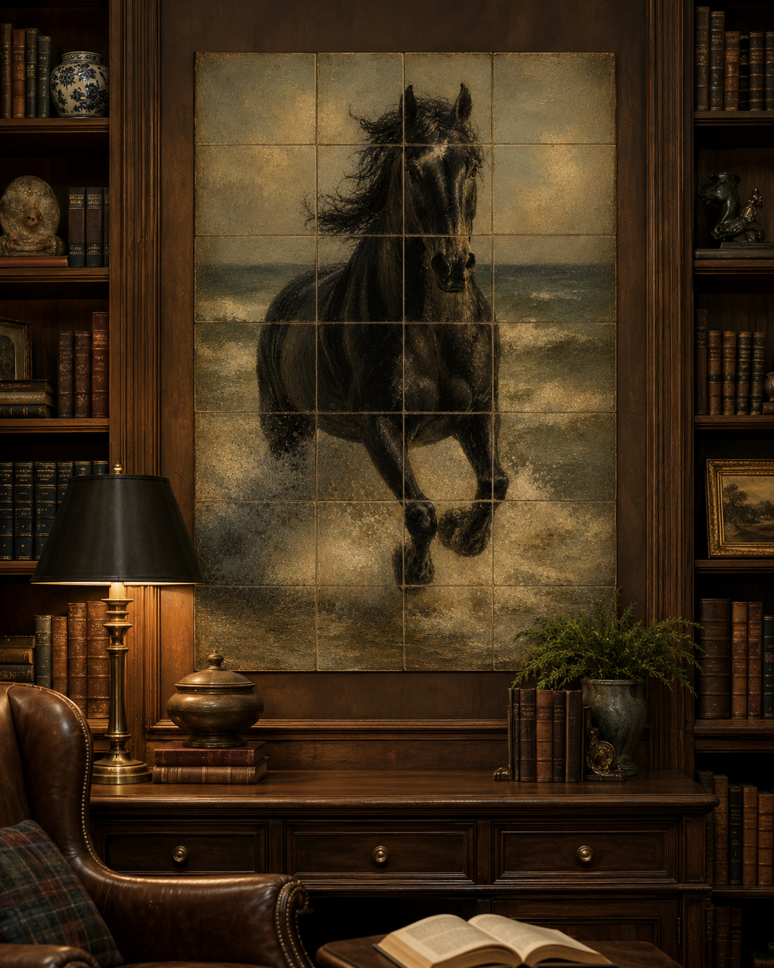 Black stallion art tile mural installed in a heritage library with dark wood shelves and antique books