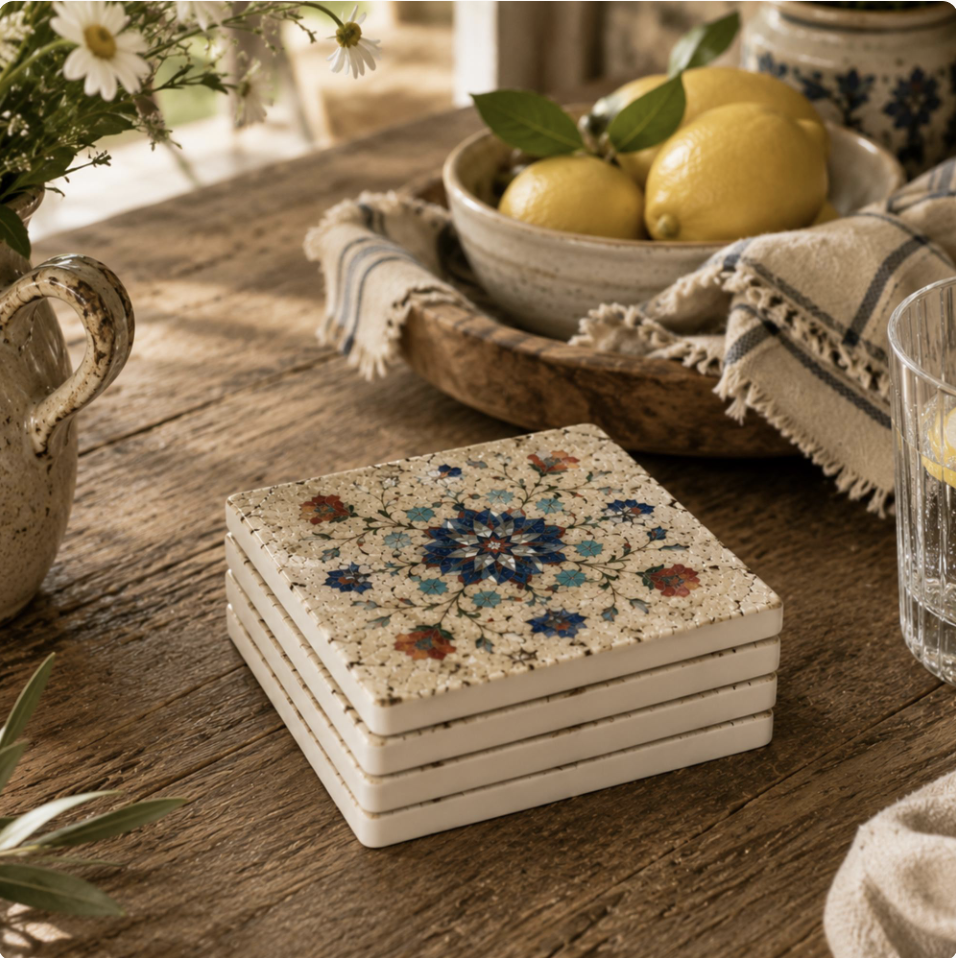 Decorative coaster set styled on a rustic table with lemons and flowers