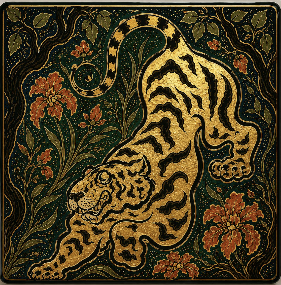 Gold tiger botanical keepsake art in deep heritage colors