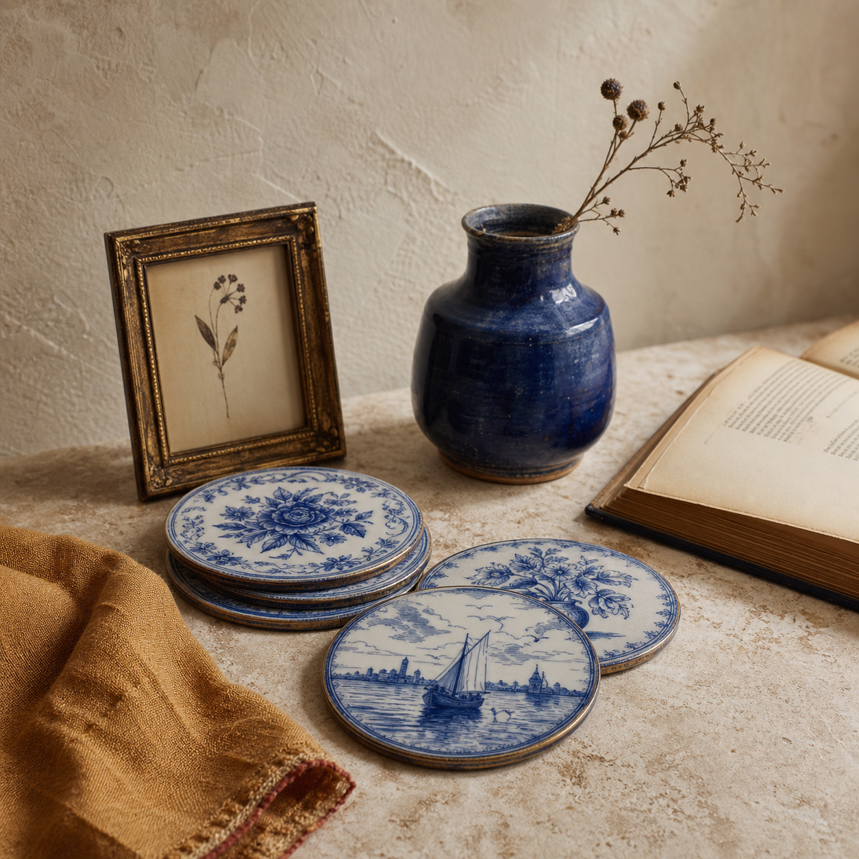 Delft-style blue and white coasters arranged with a cobalt vase, antique gold frame, aged book, and ochre linen