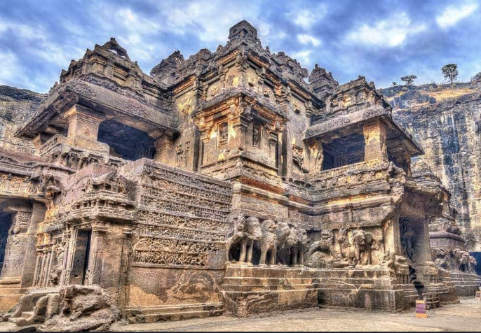 Historic carved Indian temple architecture with sculptural stone detail