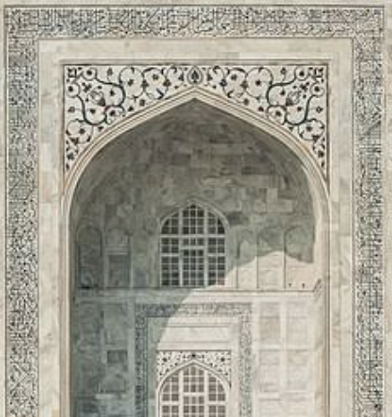 Mughal-inspired marble arch with intricate inlay ornament