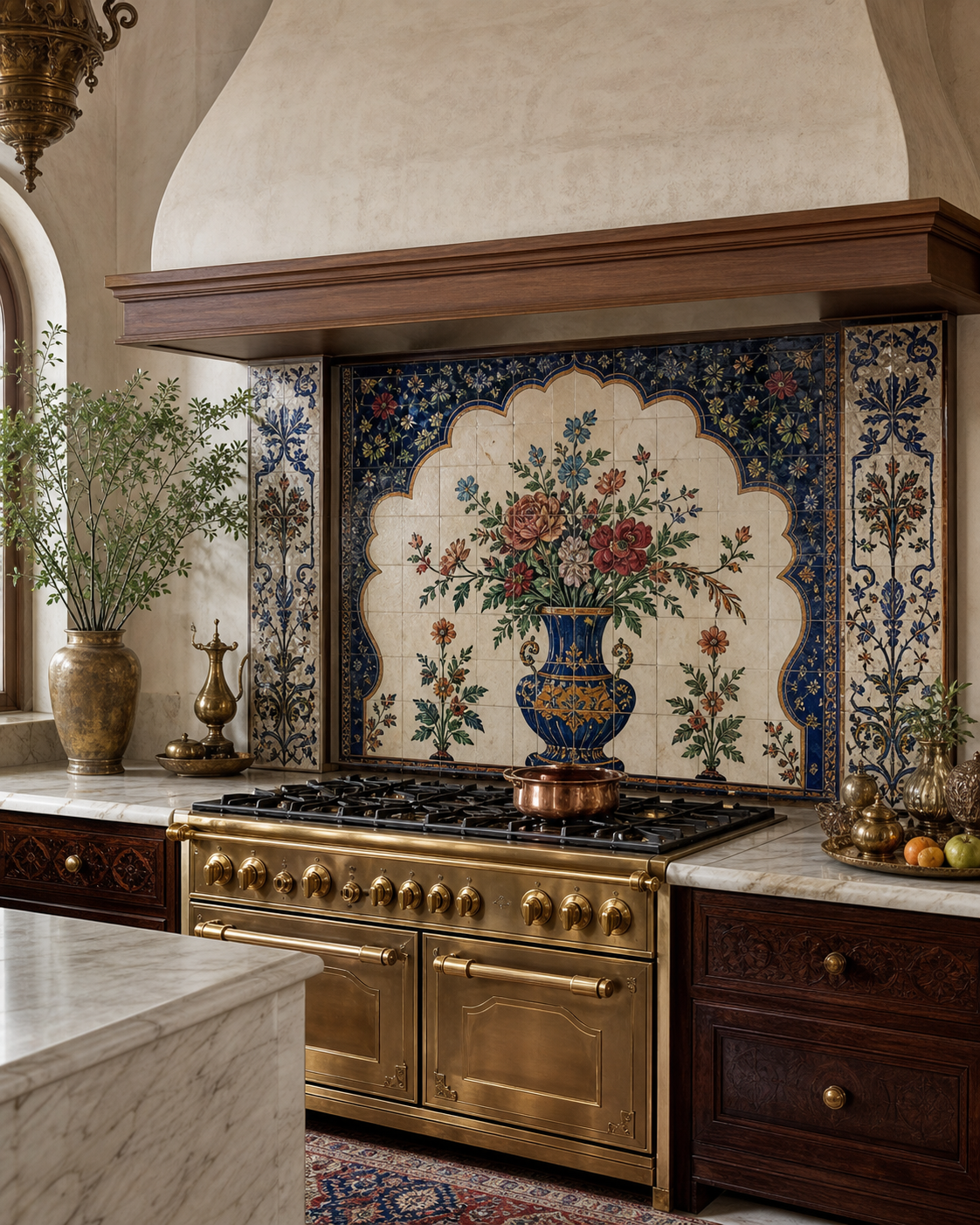 Luxury kitchen with an Art By Tamri style floral tile mural installed as a backsplash behind a brass range