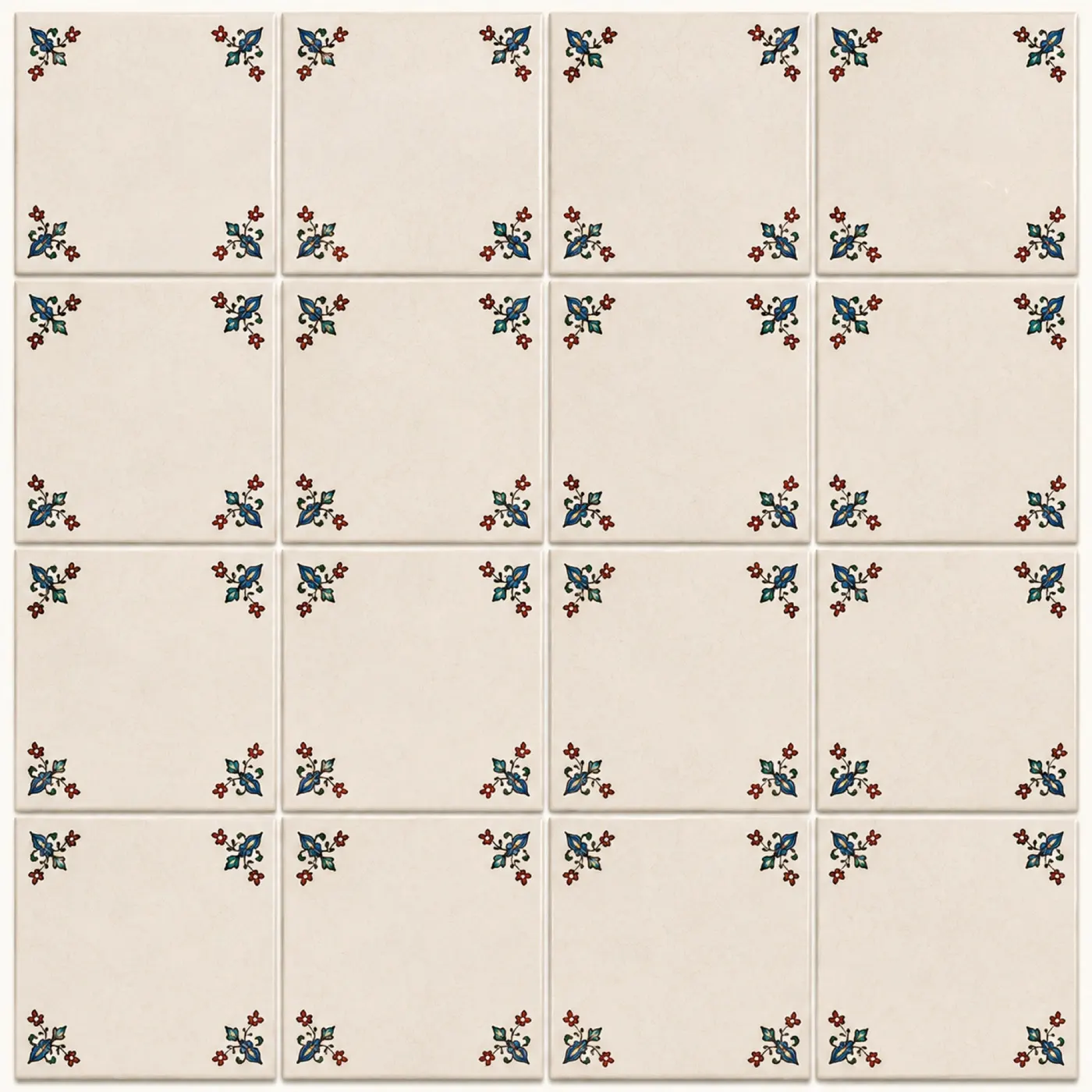Set of sixteen ivory ceramic tiles with delicate floral corner details