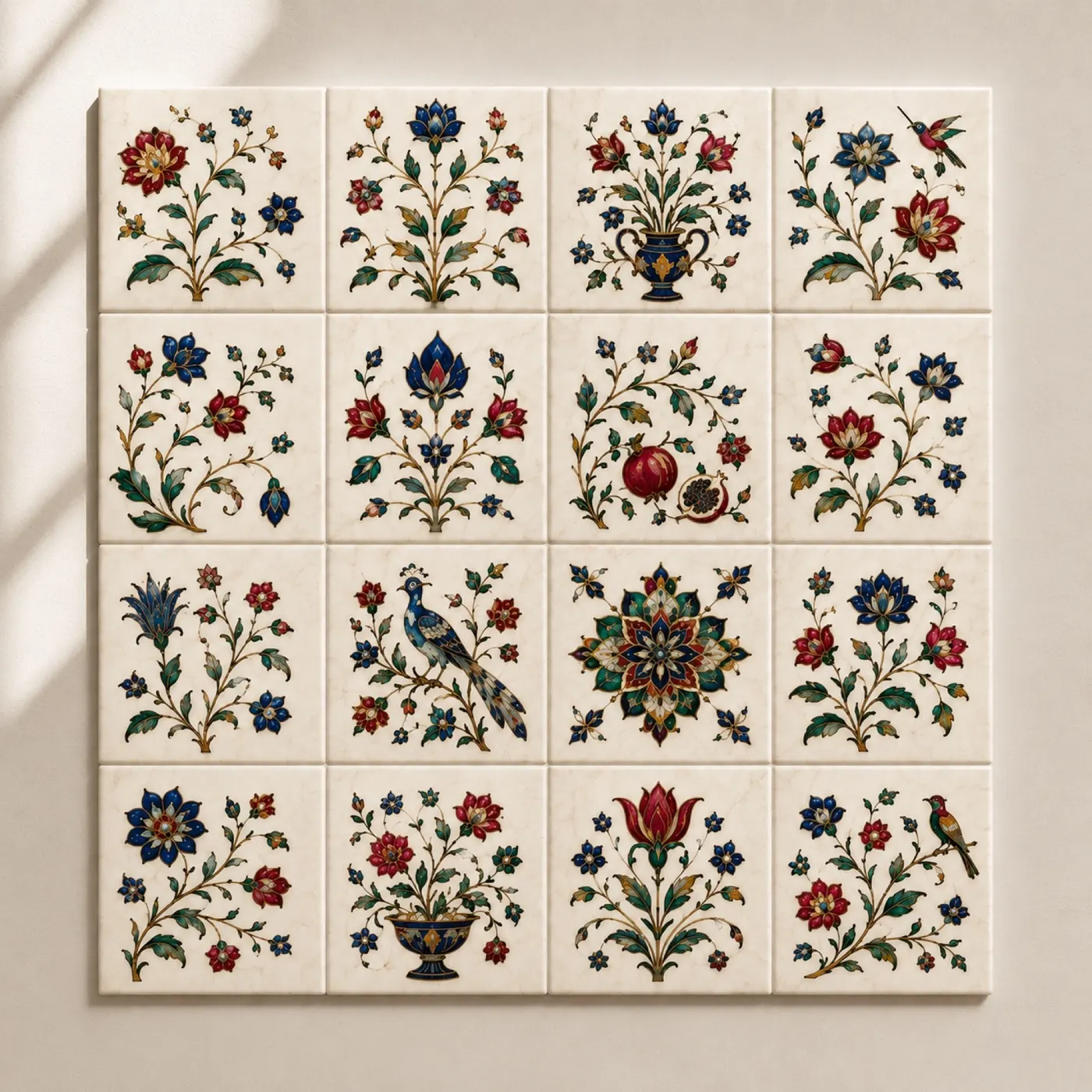 Sixteen Mughal-inspired floral and bird ceramic art tiles