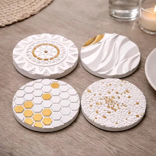 Handcrafted White & Gold Ceramic Resin Coaster Set, Set of 4