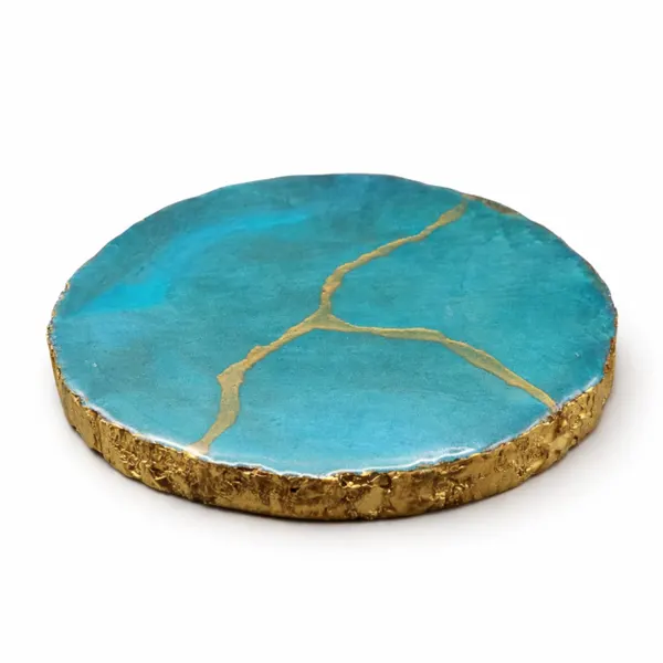 Ocean Blue Resin Wood Round Tray, 8 Inch Coastal Serving Tray, Jewelry & Candle Vanity Tray