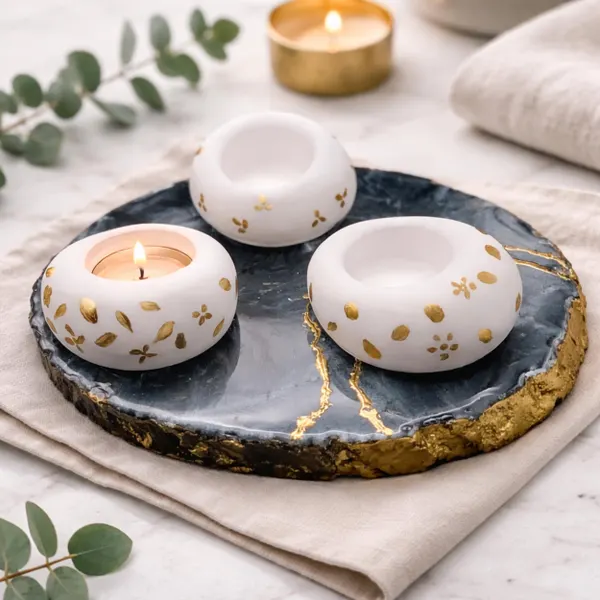 Black Marble Resin Tray Set | Gold Vein Tray & Tealight Holders