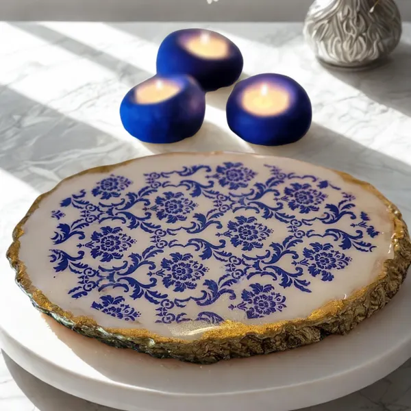 Handmade Cobalt Blue Tealight Candleholder Set, Decoupage Wood Slice Tray, Valentines Day gift