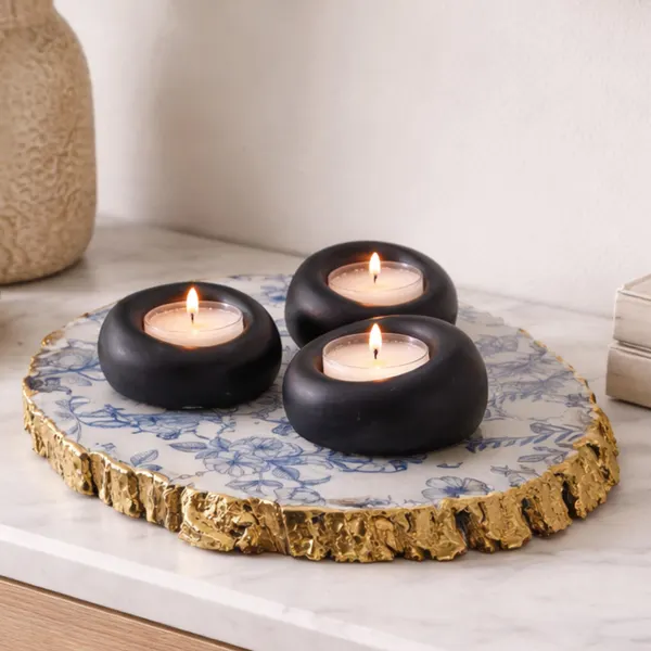 Blue and White Coffee Table Decor Tray Set | Handmade Floral Tealight Holders | Housewarming Gift