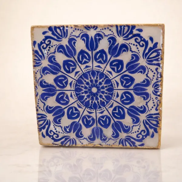 Blue & White Floral Ceramic resin Coasters | Chinoiserie-Inspired Square Coaster Set with Gold Edge