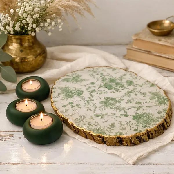 Green Tealight Candle Holder Set with Tray, Elegant Gift for Mom Home Decor