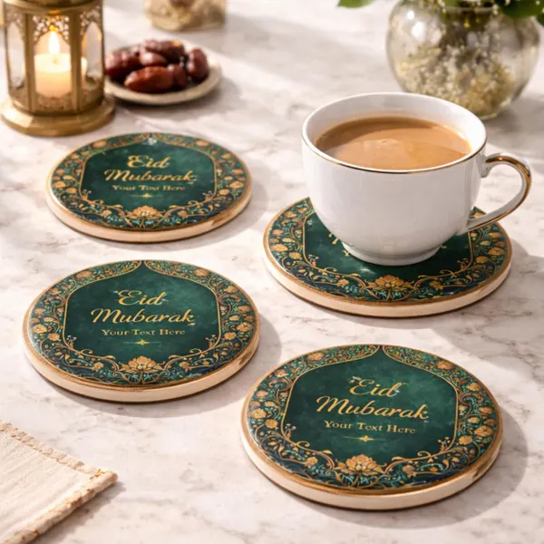Personalized Eid Coasters, Islamic Gift for Ramadan, Emerald Green and Gold Handmade set