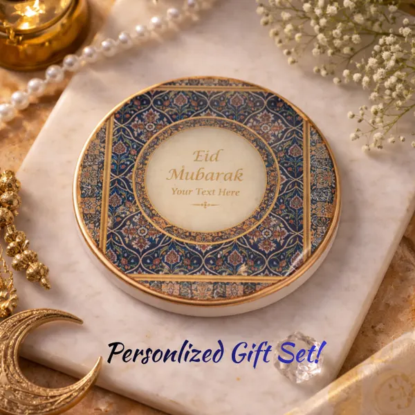 Set of 4 Eid Mubarak and Ramdan Coasters, Blue Gold Mughal Table Decor Gift
