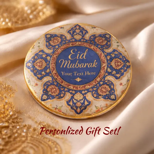 Set of 4 Blue Gold Turkish Motif Eid Mubarak Coasters, Personalized Islamic Table Decor