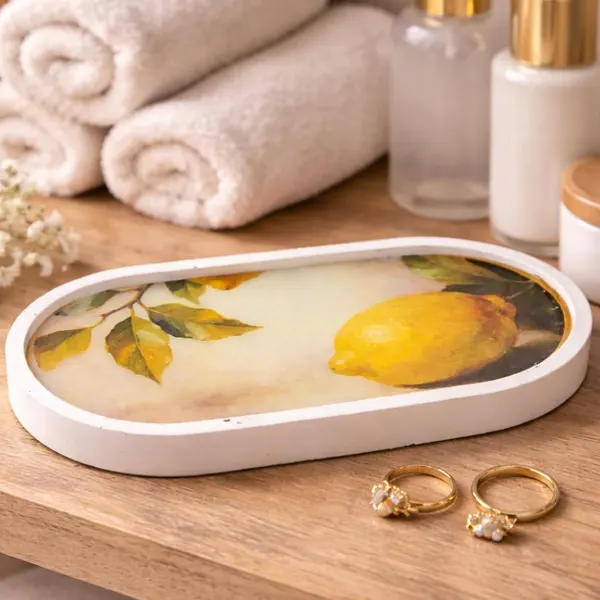 Lemon Trinket Tray – Vintage Botanical Jewelry Dish, Ceramic Resin Catchall