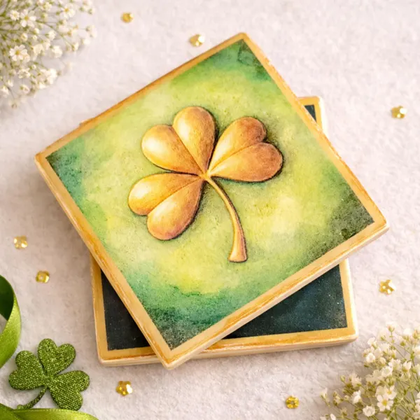 Irish Shamrock Coaster Set of 4, Handcrafted Green & Gold St. Patrick’s Day Decor