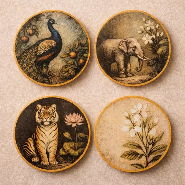Jungle Mughal Art Gold Edge Resin Coaster Set, Peacock Elephant Tiger and Floral designs