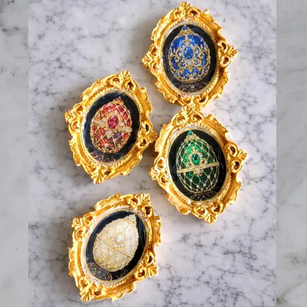 Faberge Inspired Egg Fridge Magnets Set of 4, Ornate Gold Frame Decorative Refrigerator Magnets