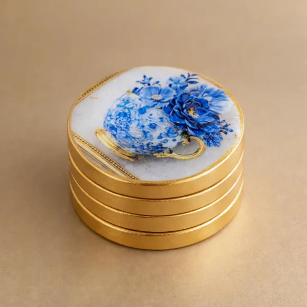 Floral Teacup Drink Coasters, 4 inch round handmade Resin Coasters with Gold Edging and Sides
