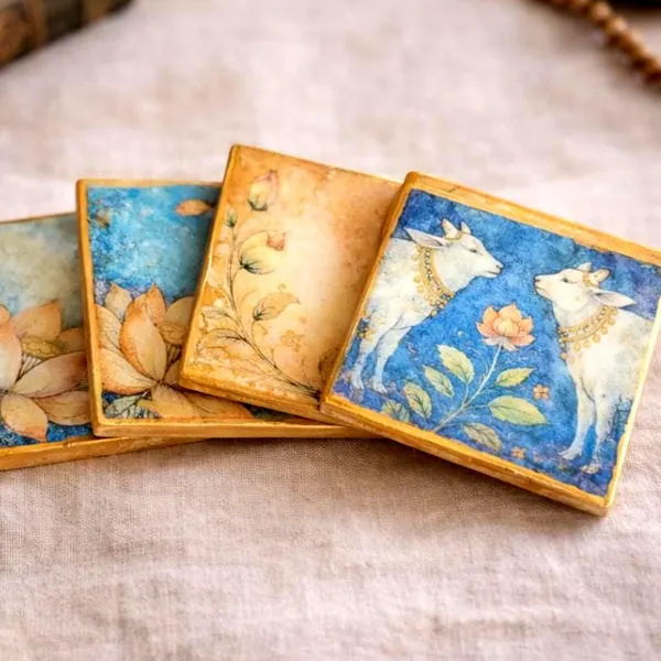 Blue Lotus Coasters Set of 4, Ceramic Resin Coasters, Boho Table Decor, Housewarming Gift