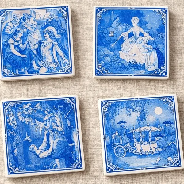 Blue Delft Fairytale Coasters Set | Storybook Princess Tile Coasters | Cottagecore Decor