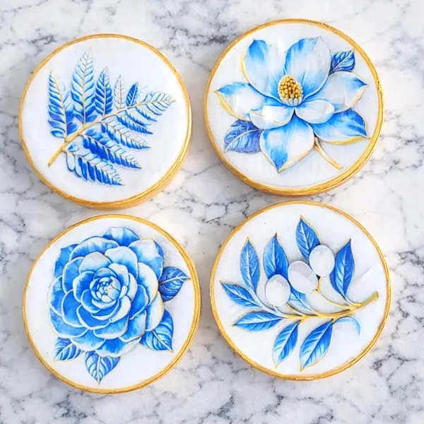 Blue and White Chinoiserie Coasters Set of 4 Gold Rim Drink Coasters