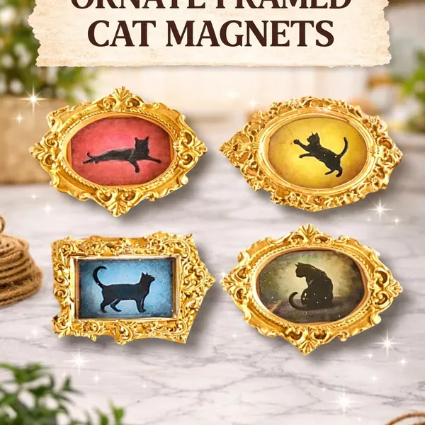 Vintage Cat Fridge Magnets Set of 4 | Ornate Frame or Tile | Black Cat Decor