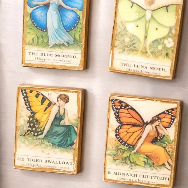 Vintage Butterfly Fridge Magnets Set of 4 | Botanical Fairy Art | Cottagecore Decor
