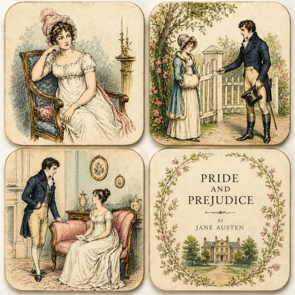 Pride and Prejudice Coasters Set of 4, Jane Austen Gift Decor