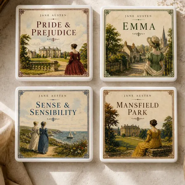Jane Austen Coasters Set of 4, Pride and Prejudice Book Coasters