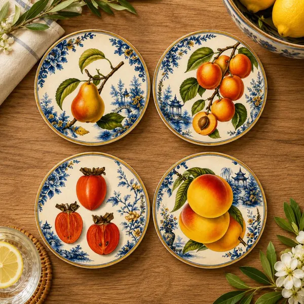 Botanical Coasters Set Mediterranean Italian Kitchen Blue White Ceramic Decor