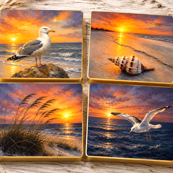 Seagull & Seashell Coastal Coasters Set of 4, Beach House Decor, Coastal Sunset Art