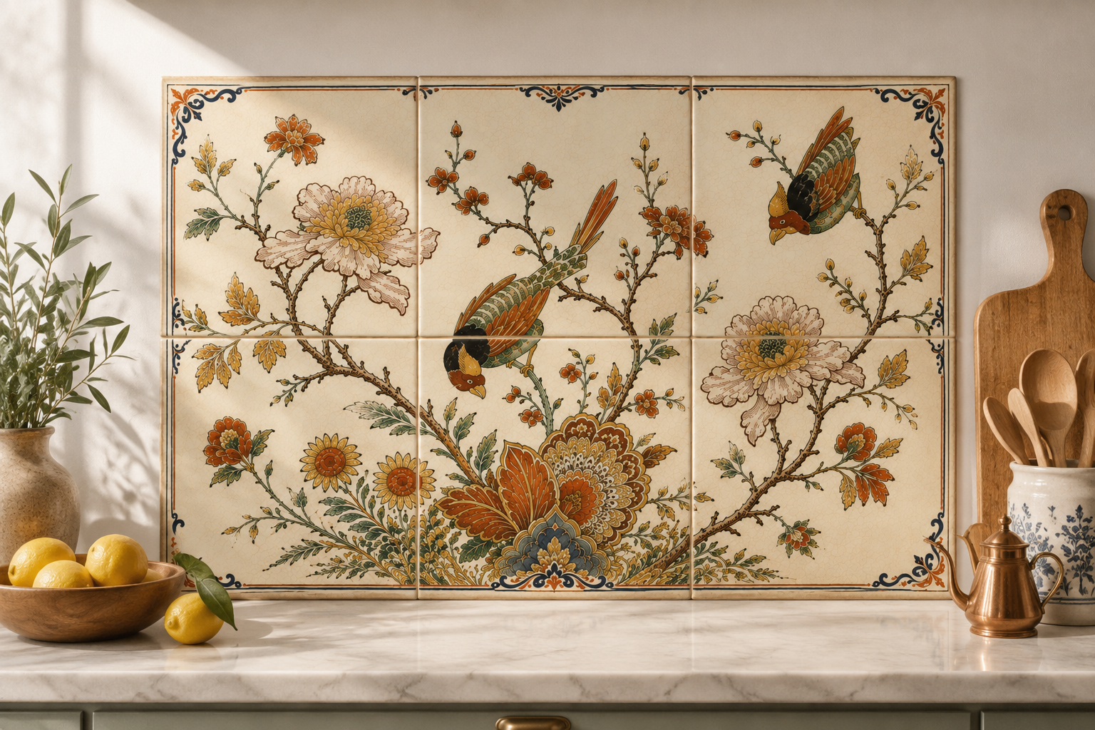 Delft Bird and Floral tile mural in red and yellow botanical tones