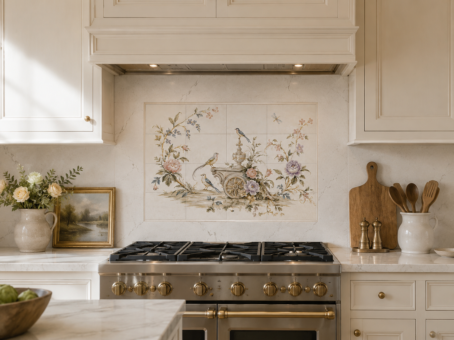 French Country bird and botanical tile mural installed as a soft ivory kitchen backsplash