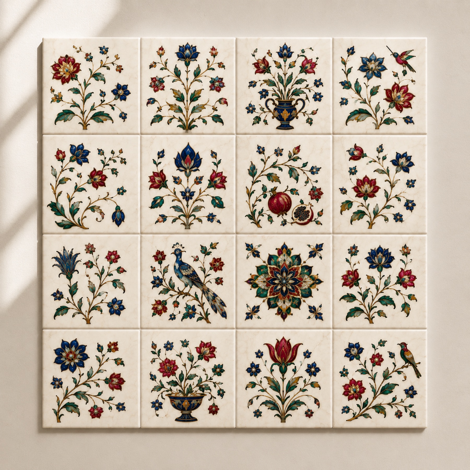 Sixteen Mughal-inspired floral and bird ceramic art tiles