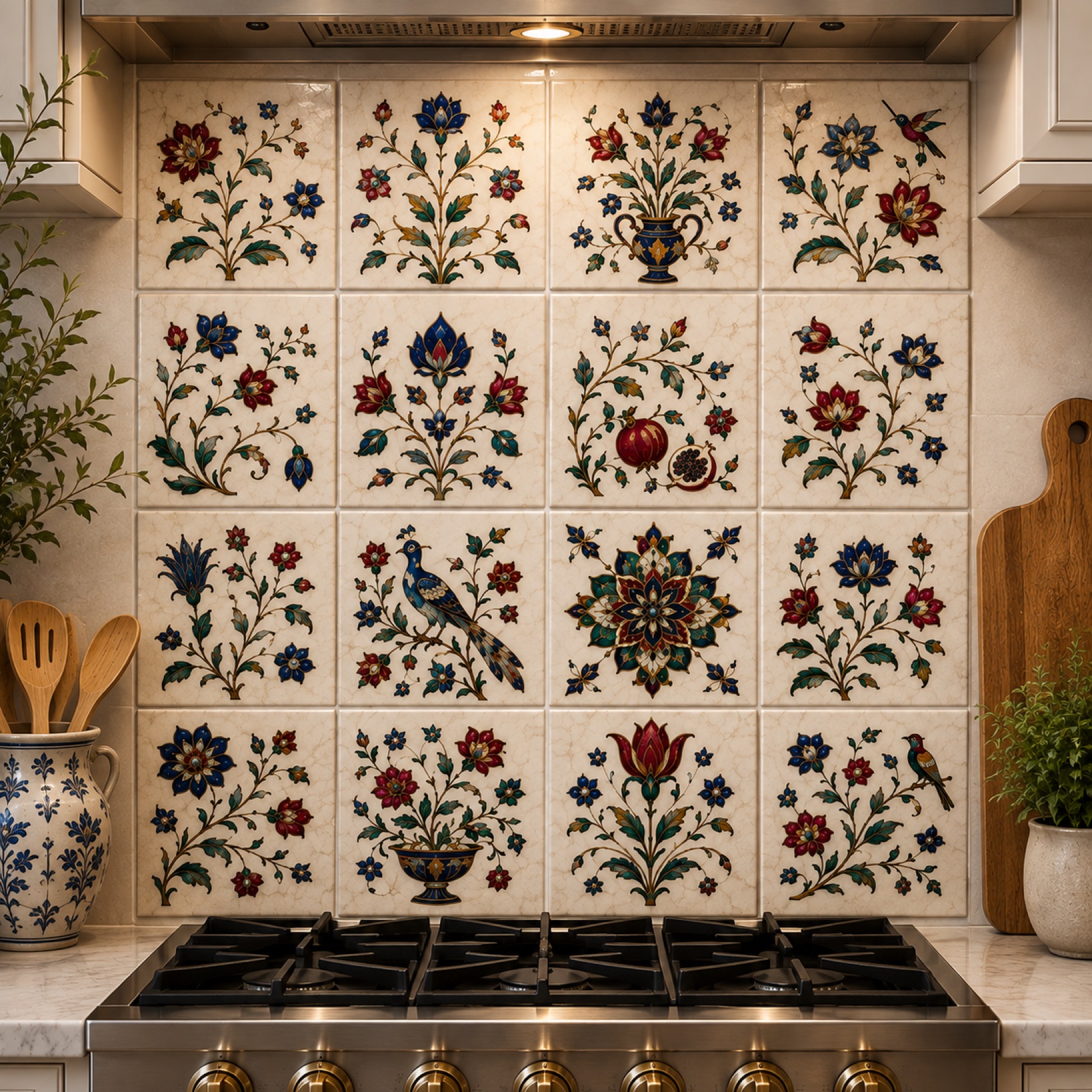 Mughal-inspired ceramic art tiles arranged as a kitchen backsplash