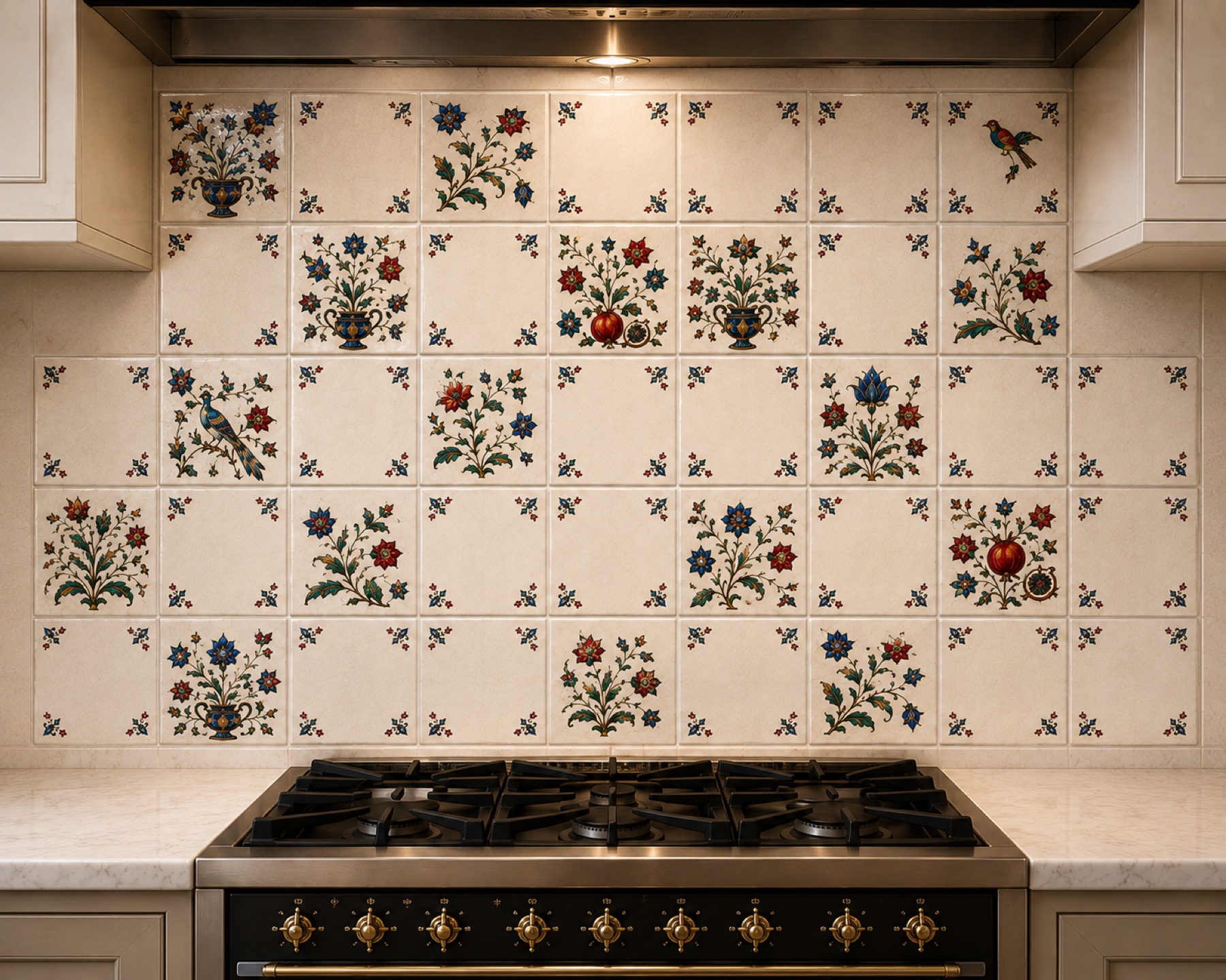 Decorative and quiet Mughal-inspired tiles mixed in a kitchen backsplash