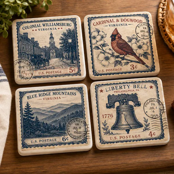 Americana vintage postage stamp coasters